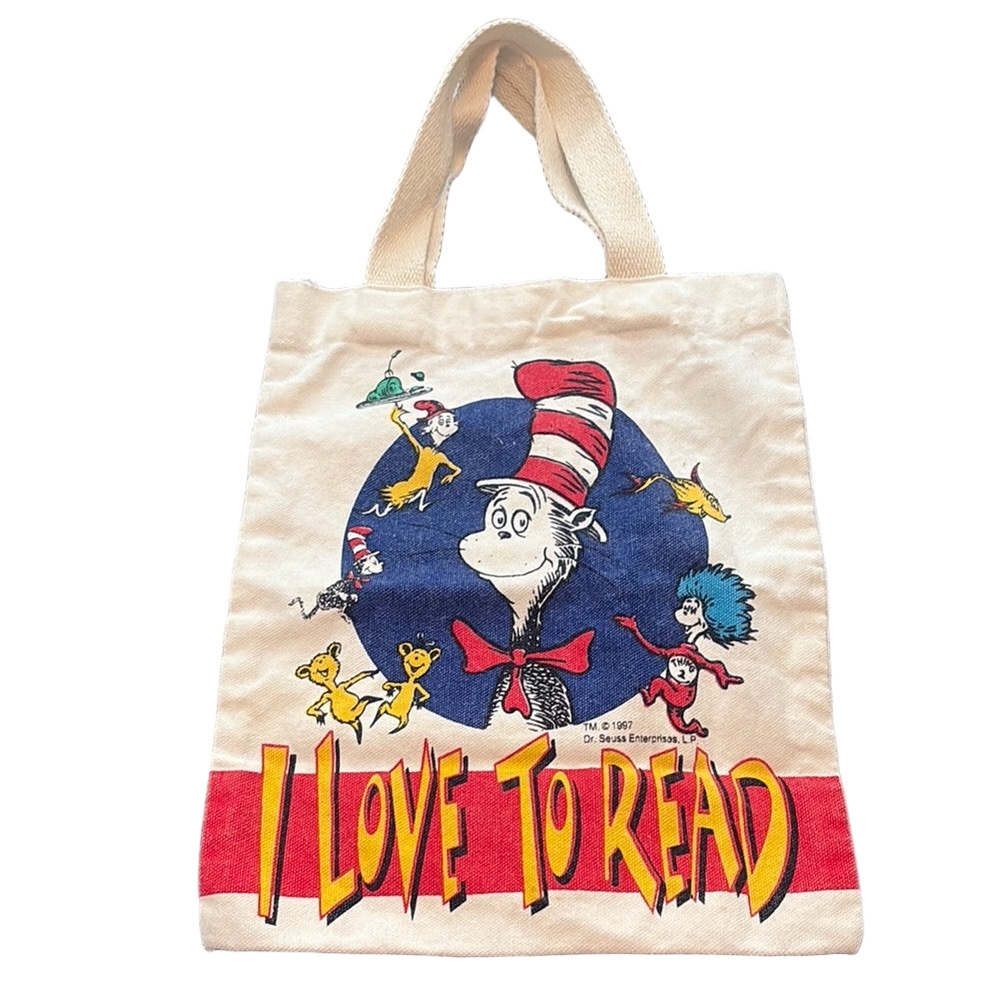 Vintage 1997 Cat in the Hat Dr. Seuss I Love To Read Tote Library Bag Tan Red